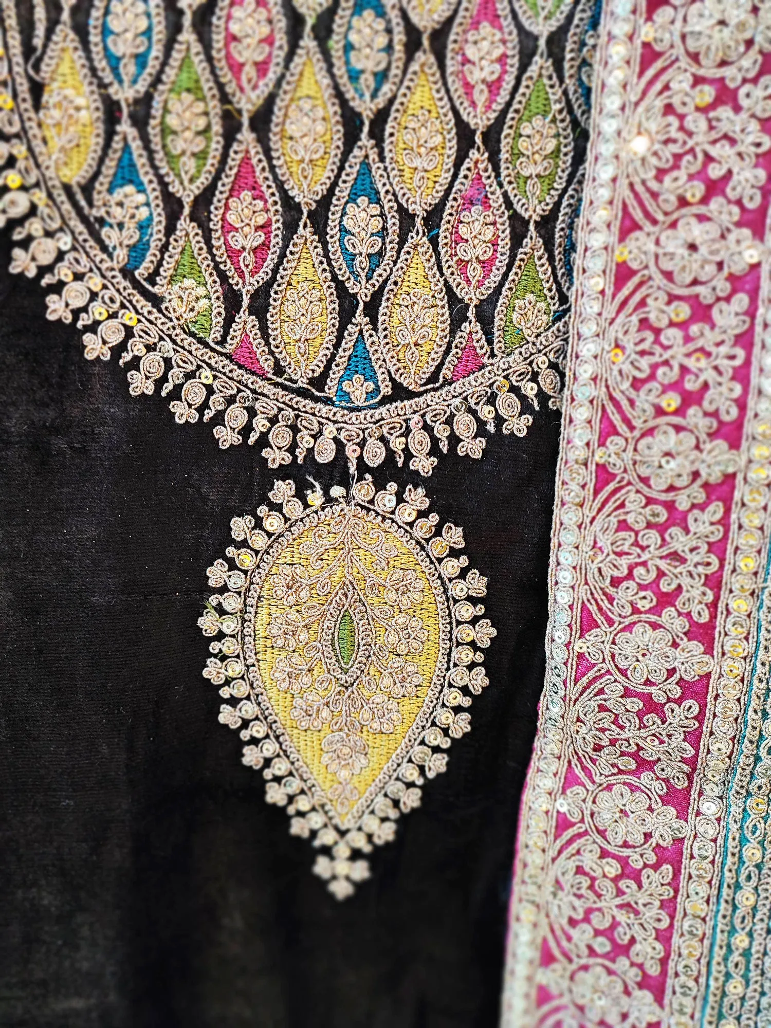 Black Velvet Suit Set with Exquisite Zari Handwork on Neck and Borders