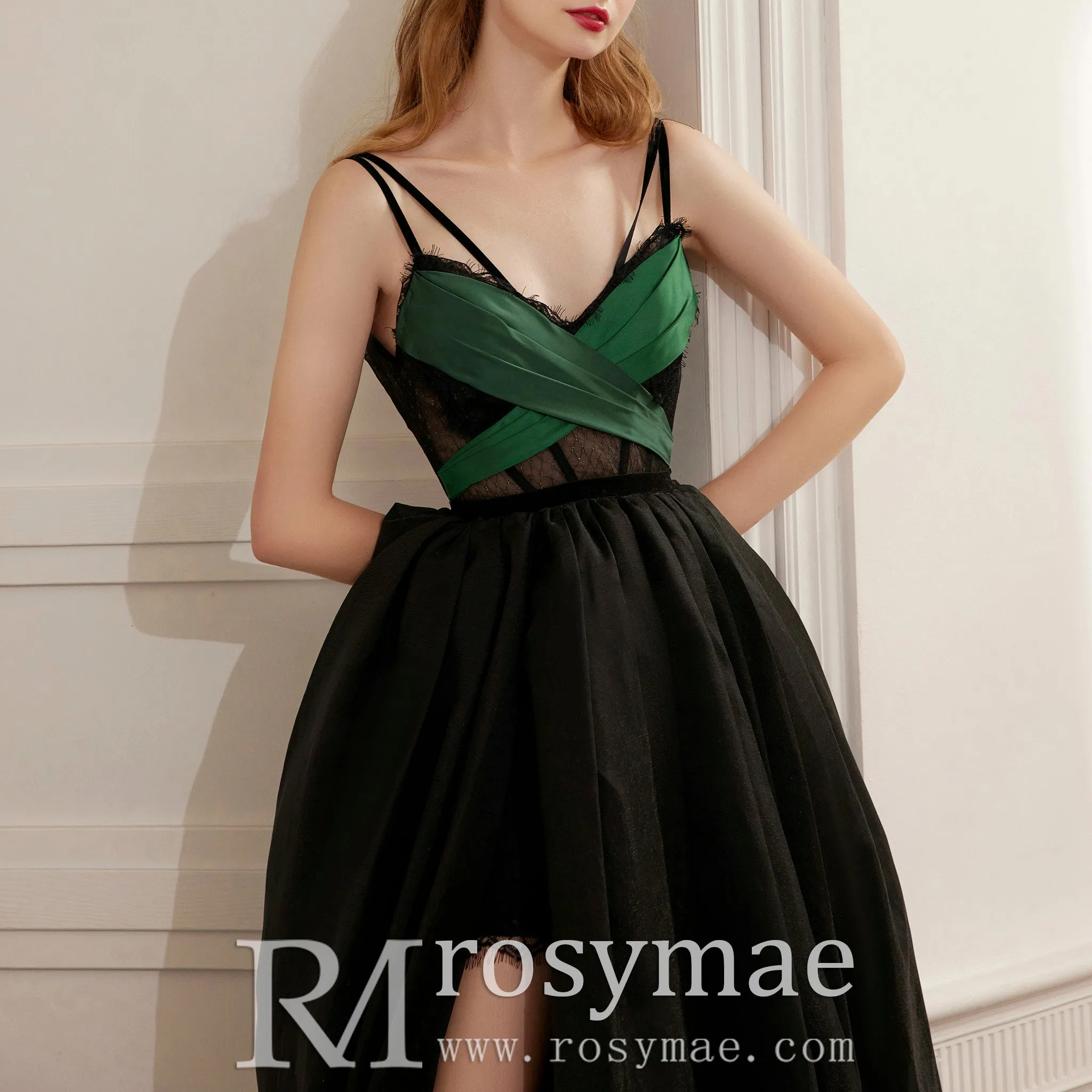 Black with Green Evening Dress Party Gown with Cross Straps