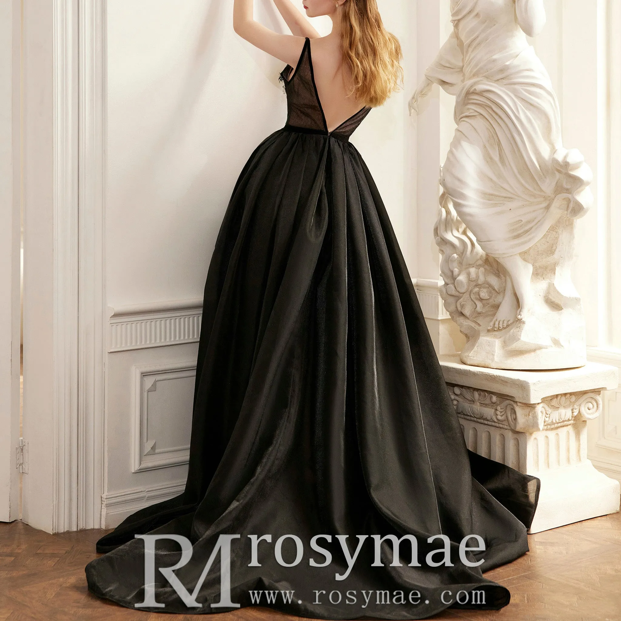 Black with Green Evening Dress Party Gown with Cross Straps