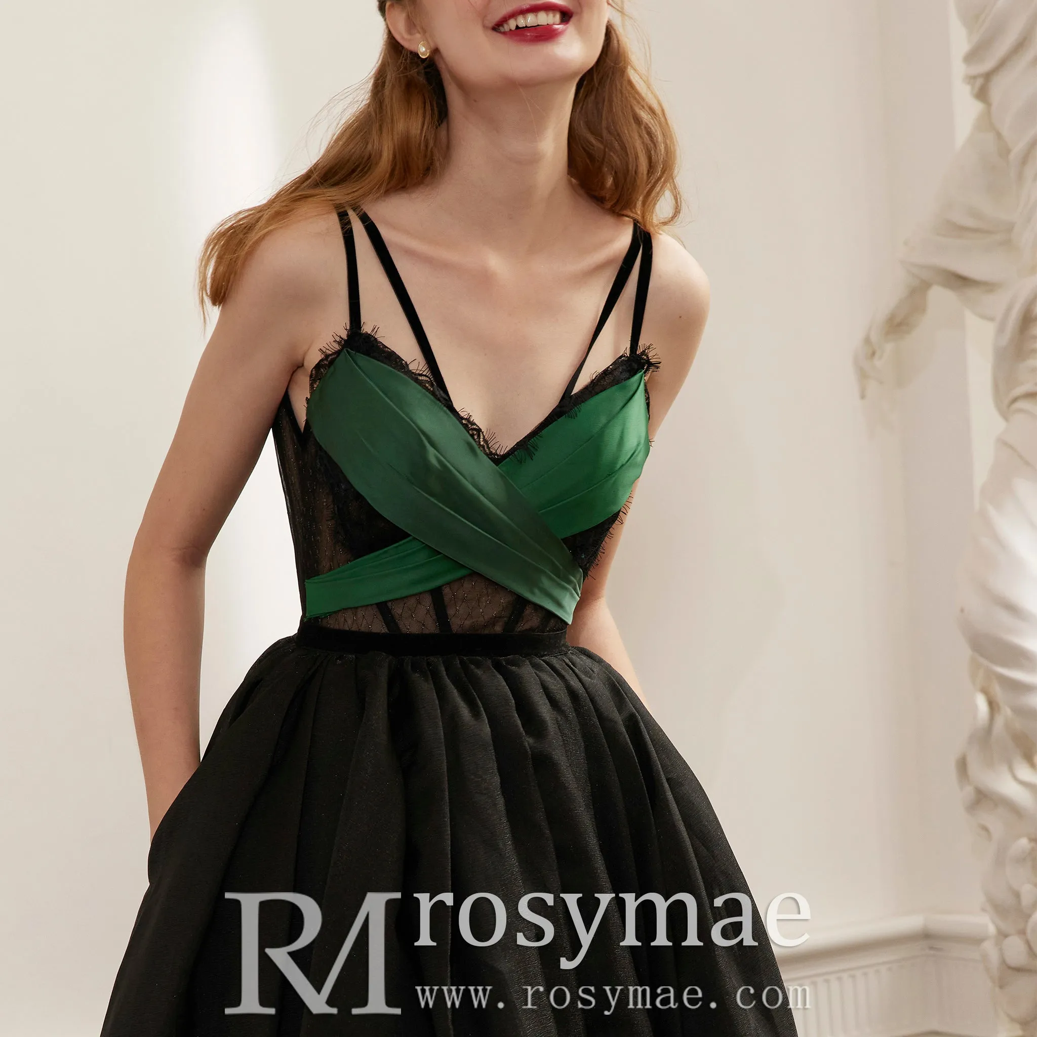 Black with Green Evening Dress Party Gown with Cross Straps
