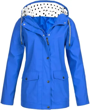 Blue Raincoat Women Waterproof Long Hooded Trench Coats Lined Windbreaker Travel Jacket with Pockets