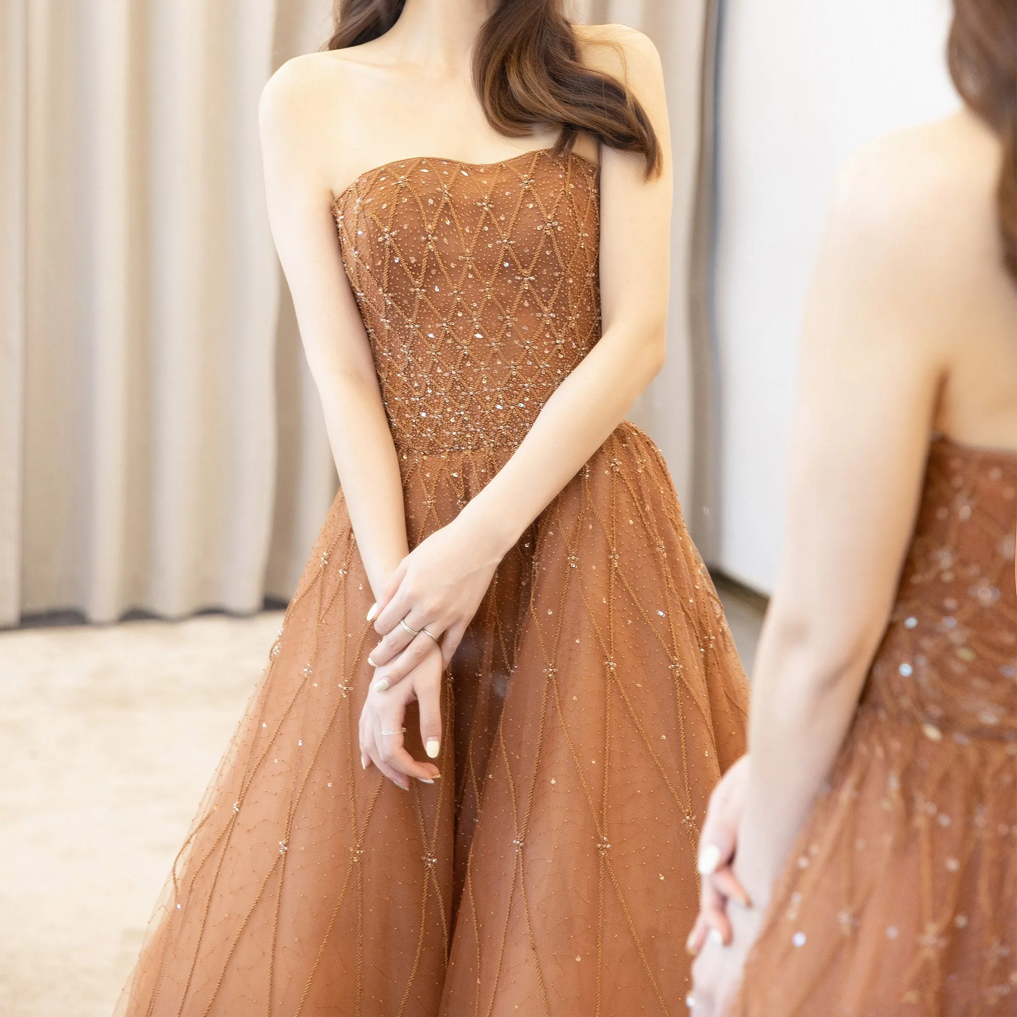 Boat Neck Beaded Tulle Rusty Formal Dress Strapless Prom Party Gown