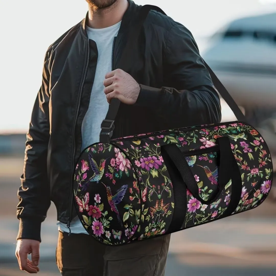 Boatee Flower Hummingbird Duffel Bag for Women Large Travel Bag Stylish Gym Bag Portable Handle Purse Lightweight Overnight Handbag Casual Travel Makeup Bags for Camp Hiking Sport Black