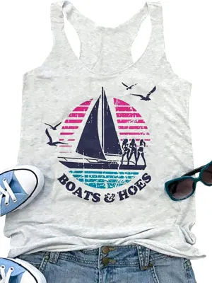 Boats and Hoes Tank Tops Women Funny Sailboat Graphic Sleeveless T-Shirt Casual Letter Print Vacation Vest Tees