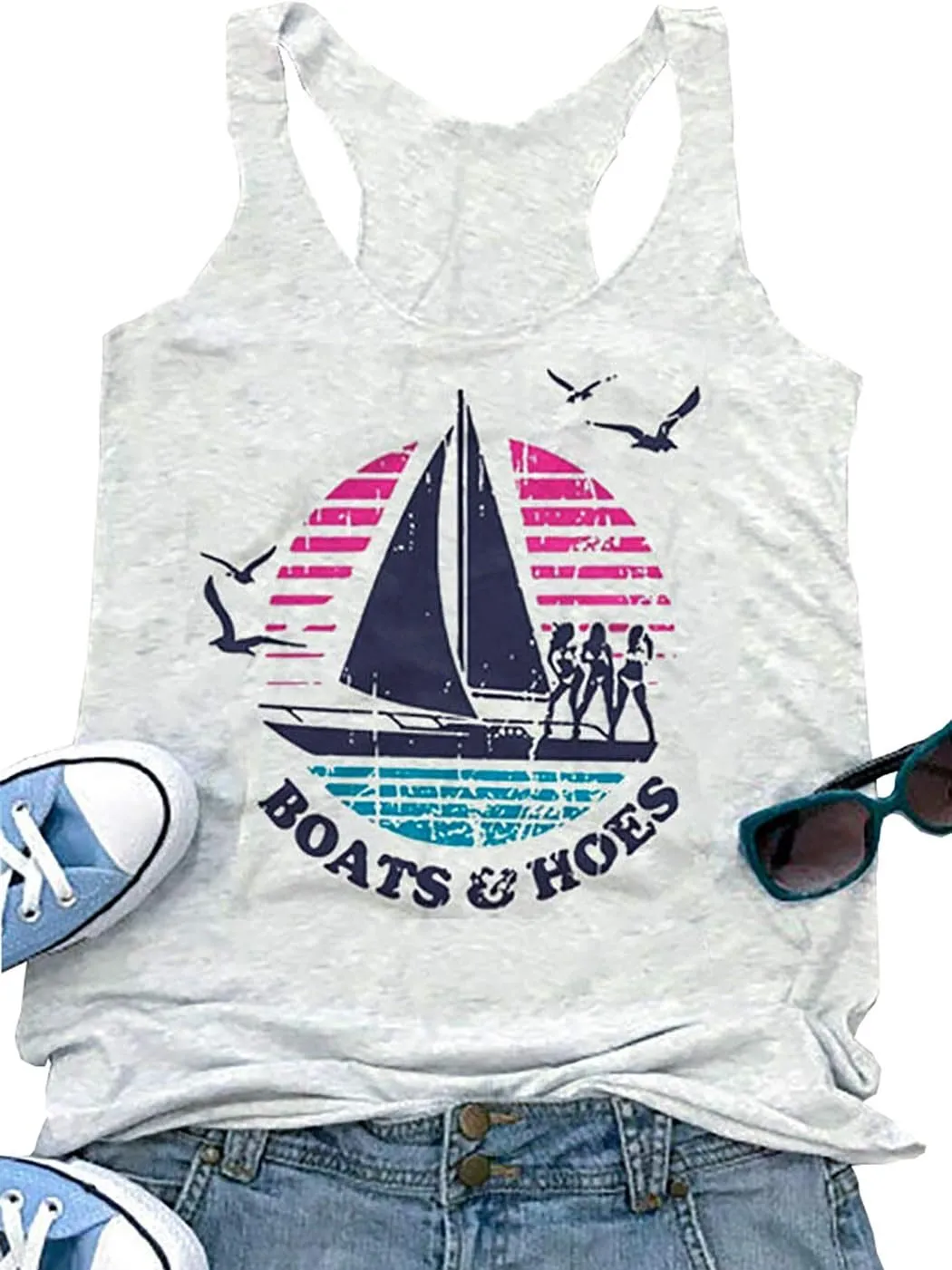 Boats and Hoes Tank Tops Women Funny Sailboat Graphic Sleeveless T-Shirt Casual Letter Print Vacation Vest Tees