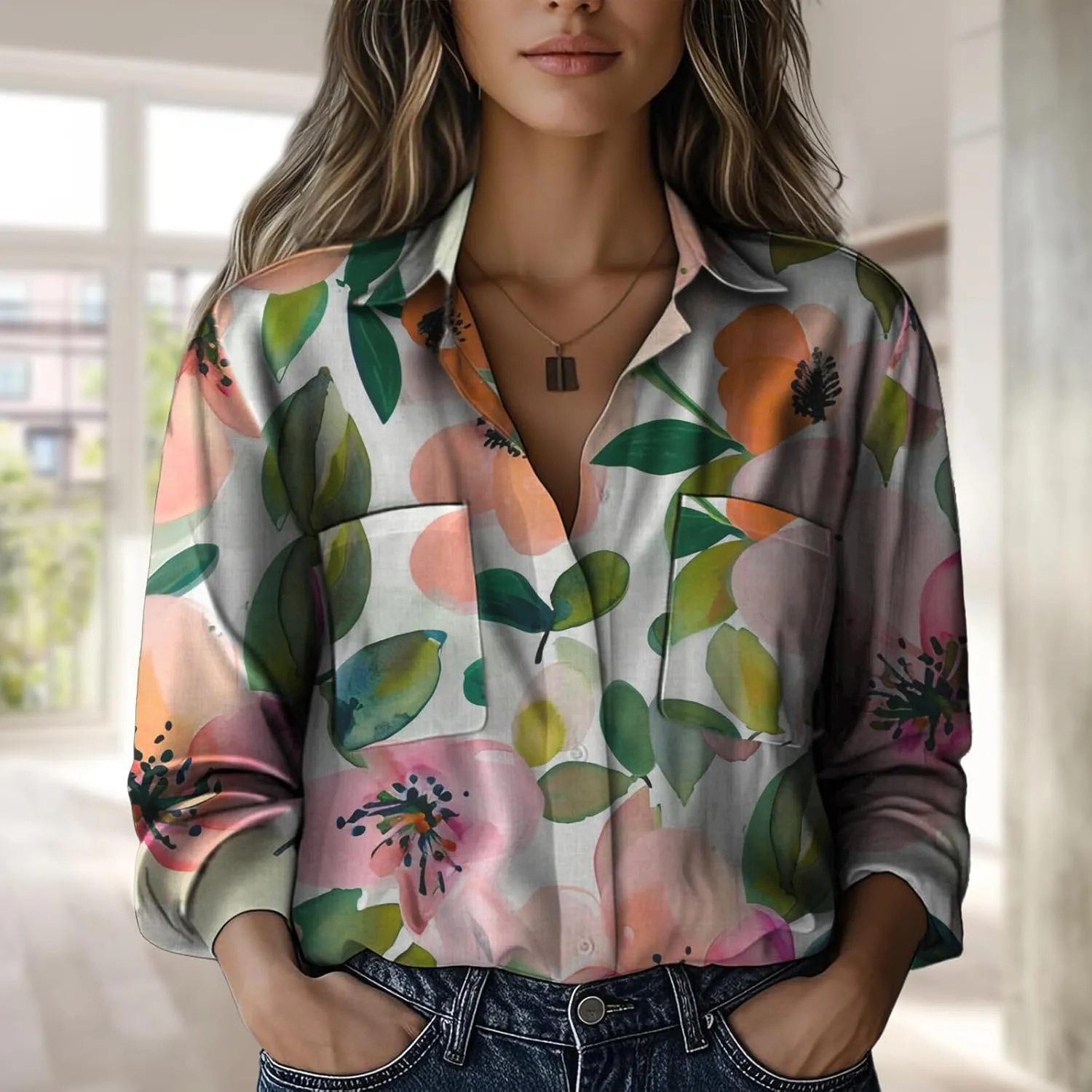 Boho Shirts for Women Hippie Stylish Floral Graphic V Neck Loose Fit Basic Comfortable Blouses with Pocket