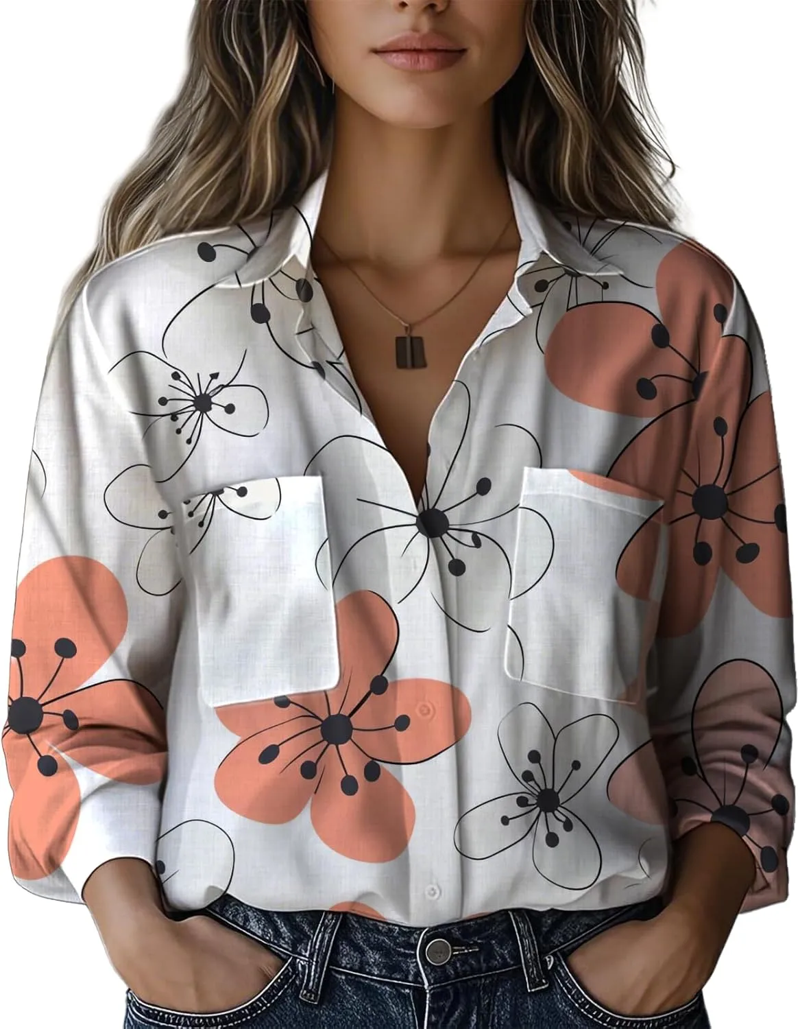 Boho Shirts for Women Hippie Stylish Floral Graphic V Neck Loose Fit Basic Comfortable Blouses with Pocket