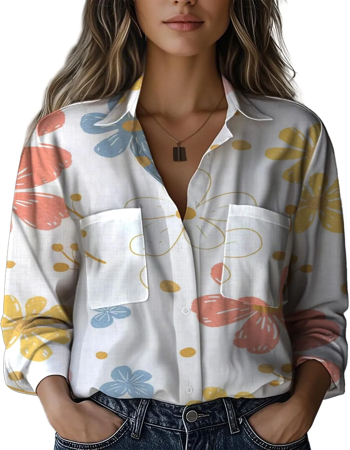 Boho Shirts for Women Hippie Stylish Floral Graphic V Neck Loose Fit Basic Comfortable Blouses with Pocket