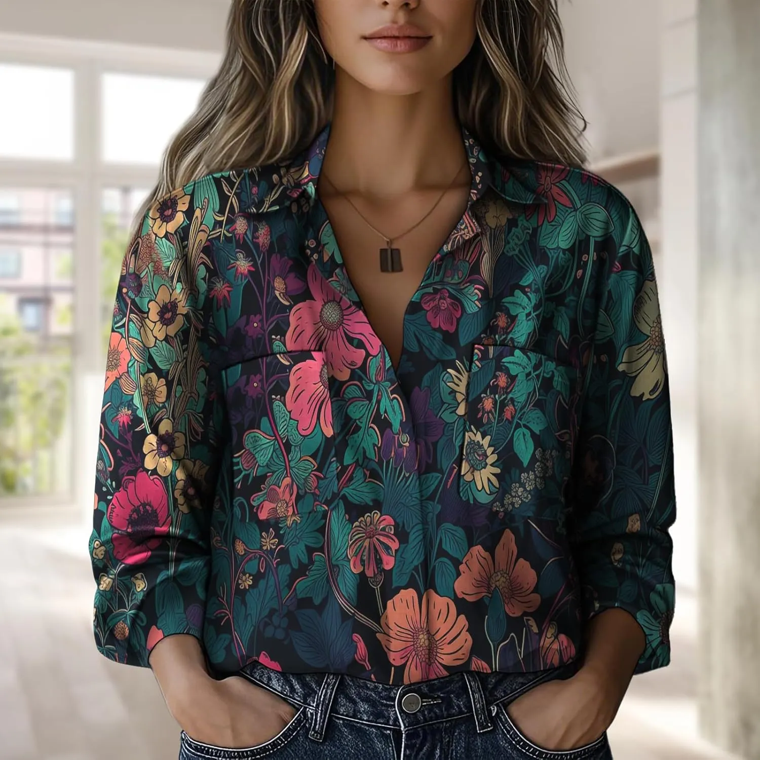 Boho Shirts for Women Hippie Stylish Floral Graphic V Neck Loose Fit Basic Comfortable Blouses with Pocket