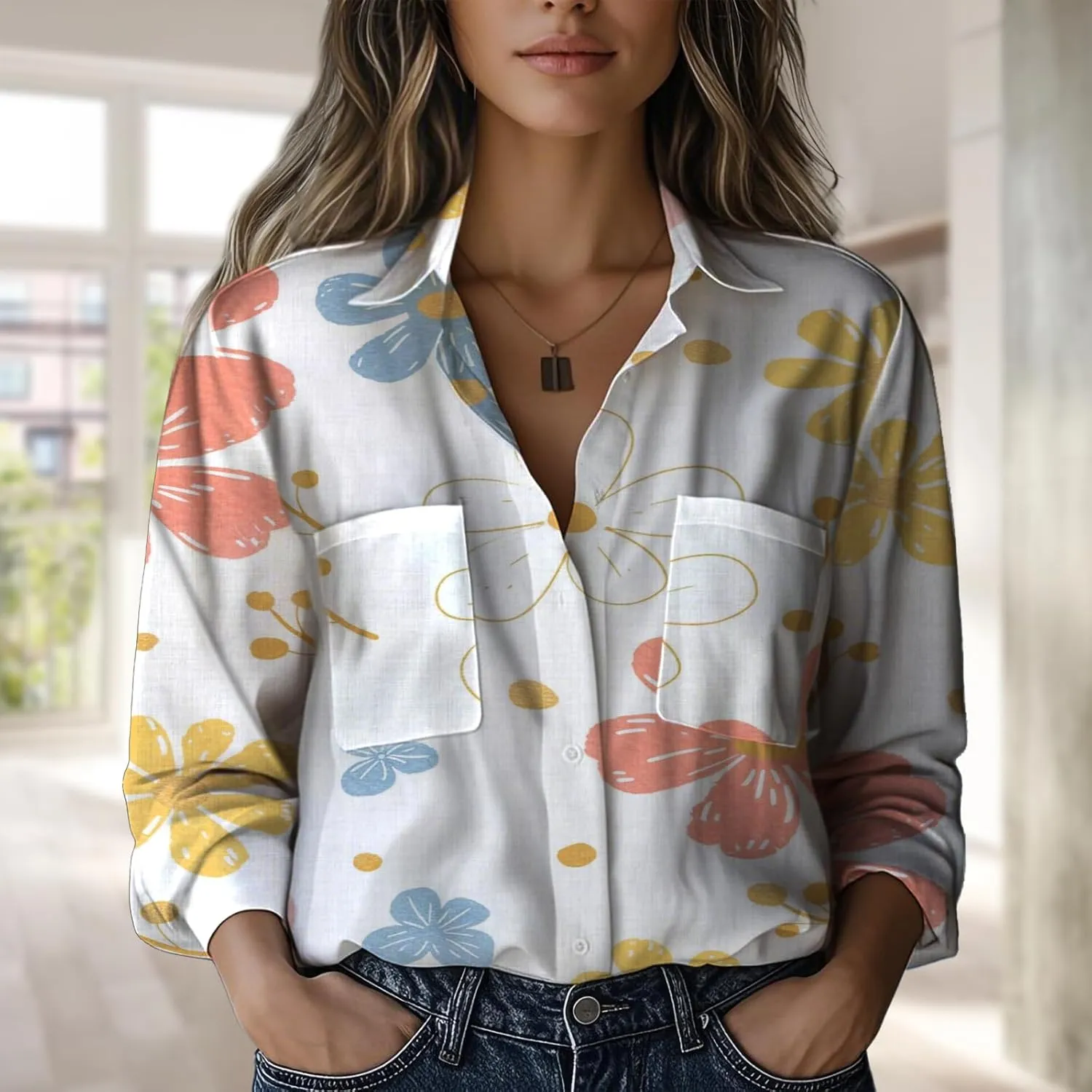 Boho Shirts for Women Hippie Stylish Floral Graphic V Neck Loose Fit Basic Comfortable Blouses with Pocket
