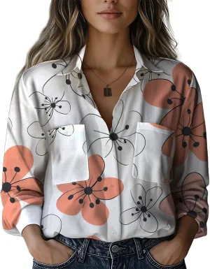 Boho Shirts for Women Hippie Stylish Floral Graphic V Neck Loose Fit Basic Comfortable Blouses with Pocket