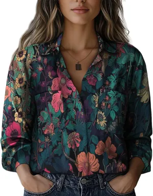 Boho Shirts for Women Hippie Stylish Floral Graphic V Neck Loose Fit Basic Comfortable Blouses with Pocket