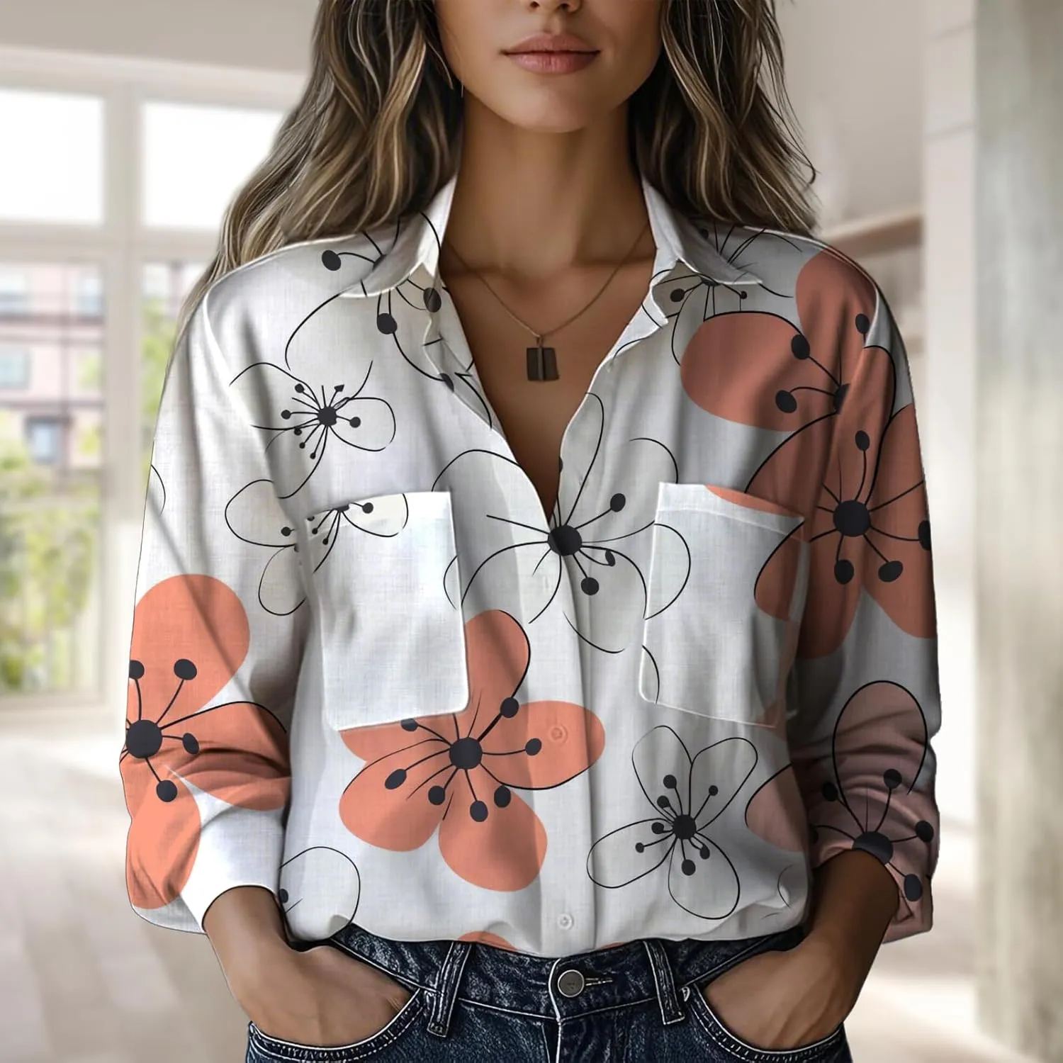 Boho Shirts for Women Hippie Stylish Floral Graphic V Neck Loose Fit Basic Comfortable Blouses with Pocket