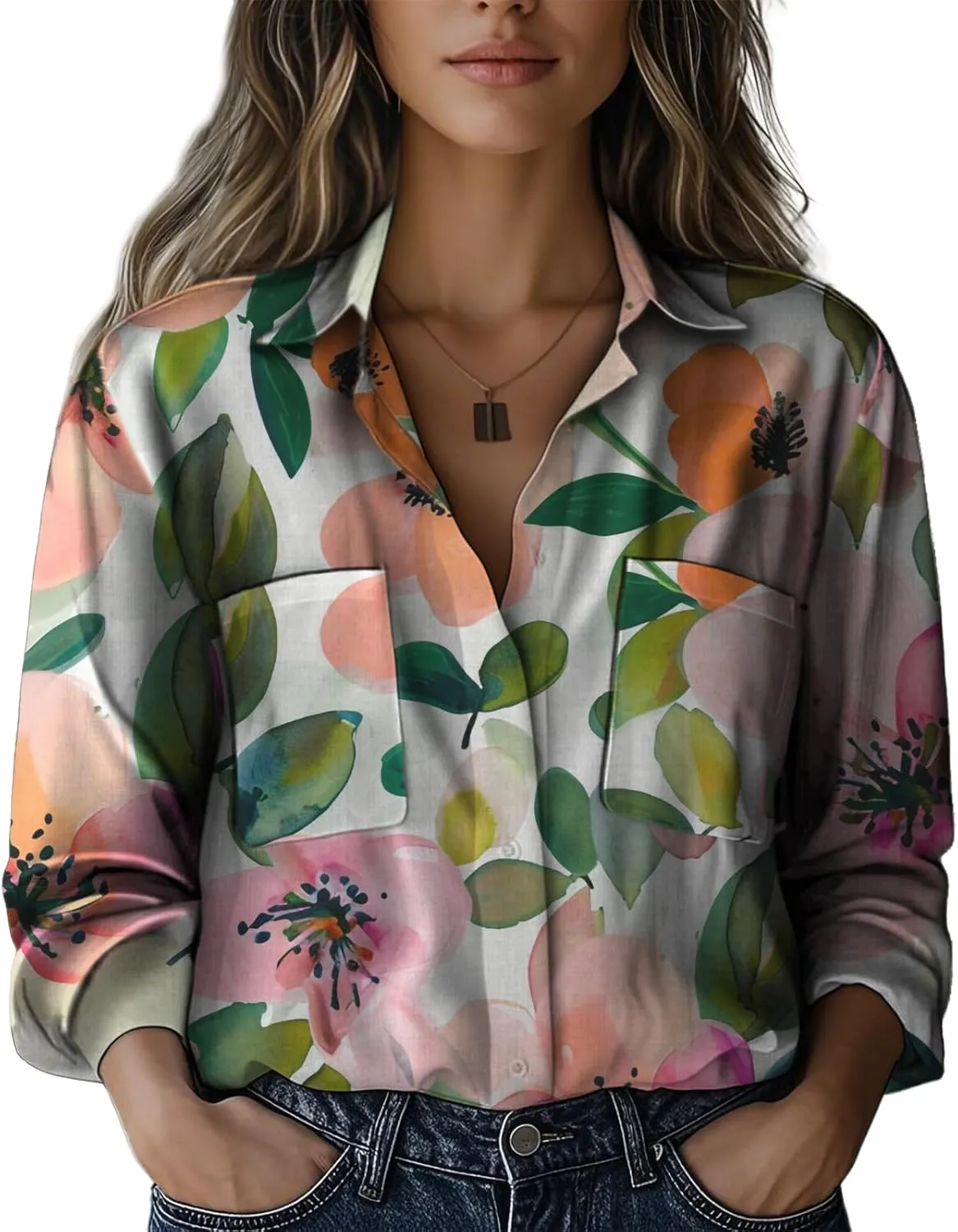Boho Shirts for Women Hippie Stylish Floral Graphic V Neck Loose Fit Basic Comfortable Blouses with Pocket