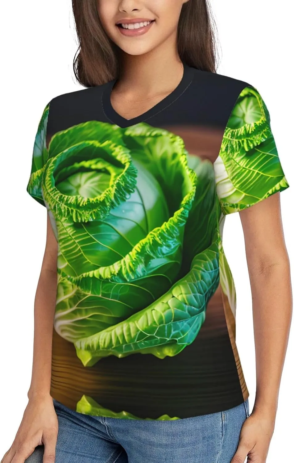 Bright Cabbage Print Stylish Women Classic V Neck T Shirt Soft Short Sleeve Tee for Casual Outings