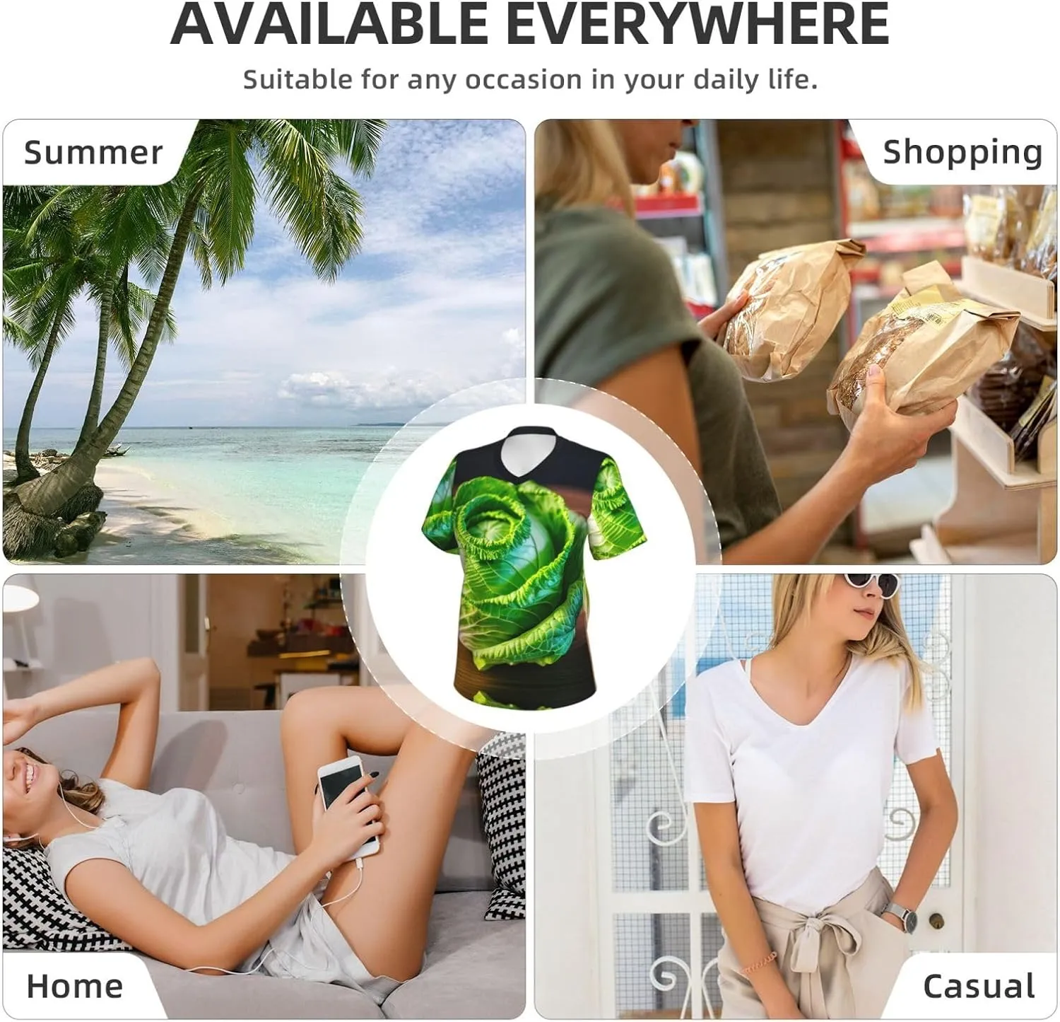 Bright Cabbage Print Stylish Women Classic V Neck T Shirt Soft Short Sleeve Tee for Casual Outings