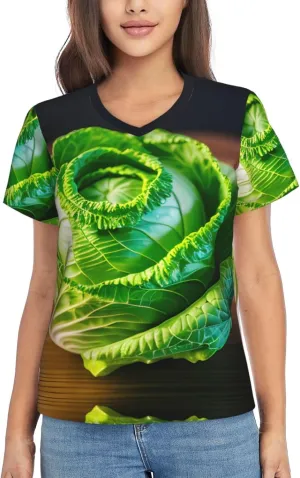 Bright Cabbage Print Stylish Women Classic V Neck T Shirt Soft Short Sleeve Tee for Casual Outings