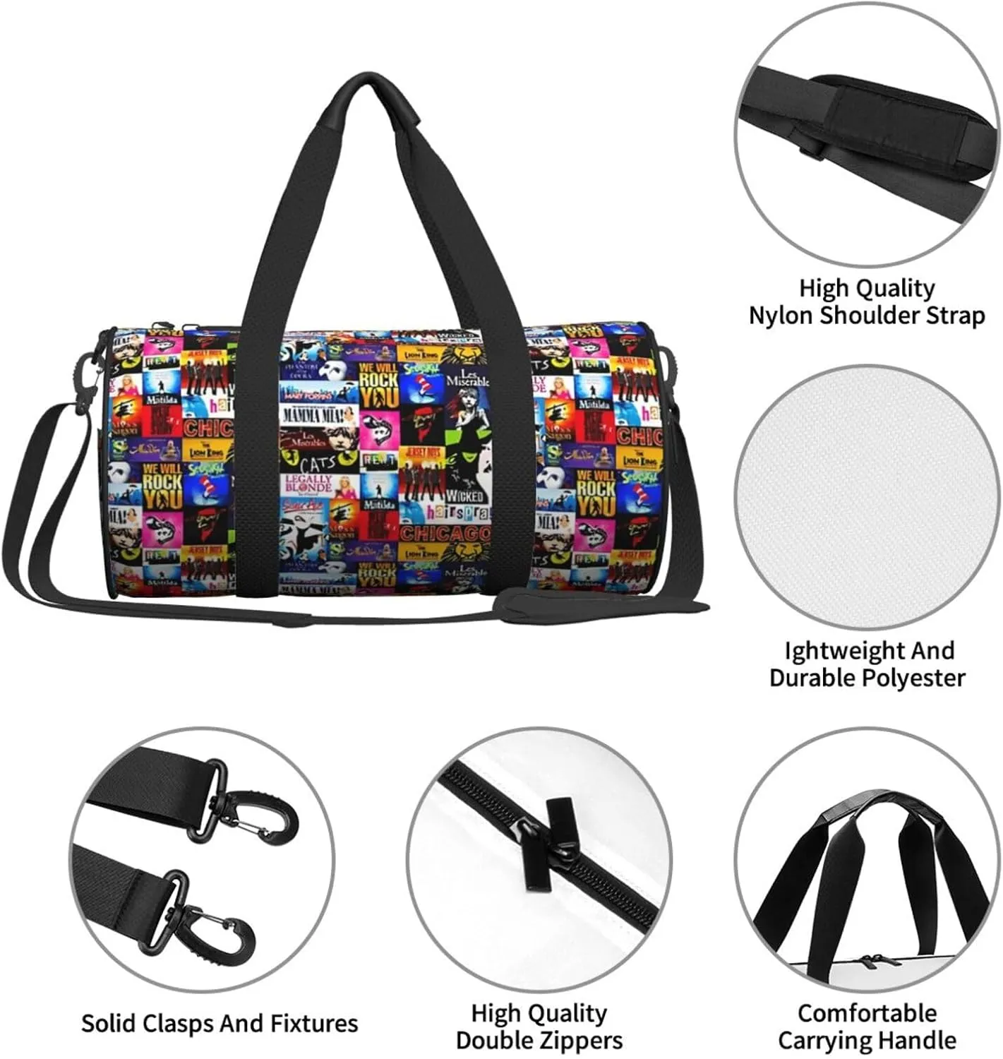Broadway Musical Collage Sports Duffle Bag For Travel Heavy Duty Gym Bag, Tactical Gear Bags For Tactical Equipment, Or As Carry On Travel Duffel Bags