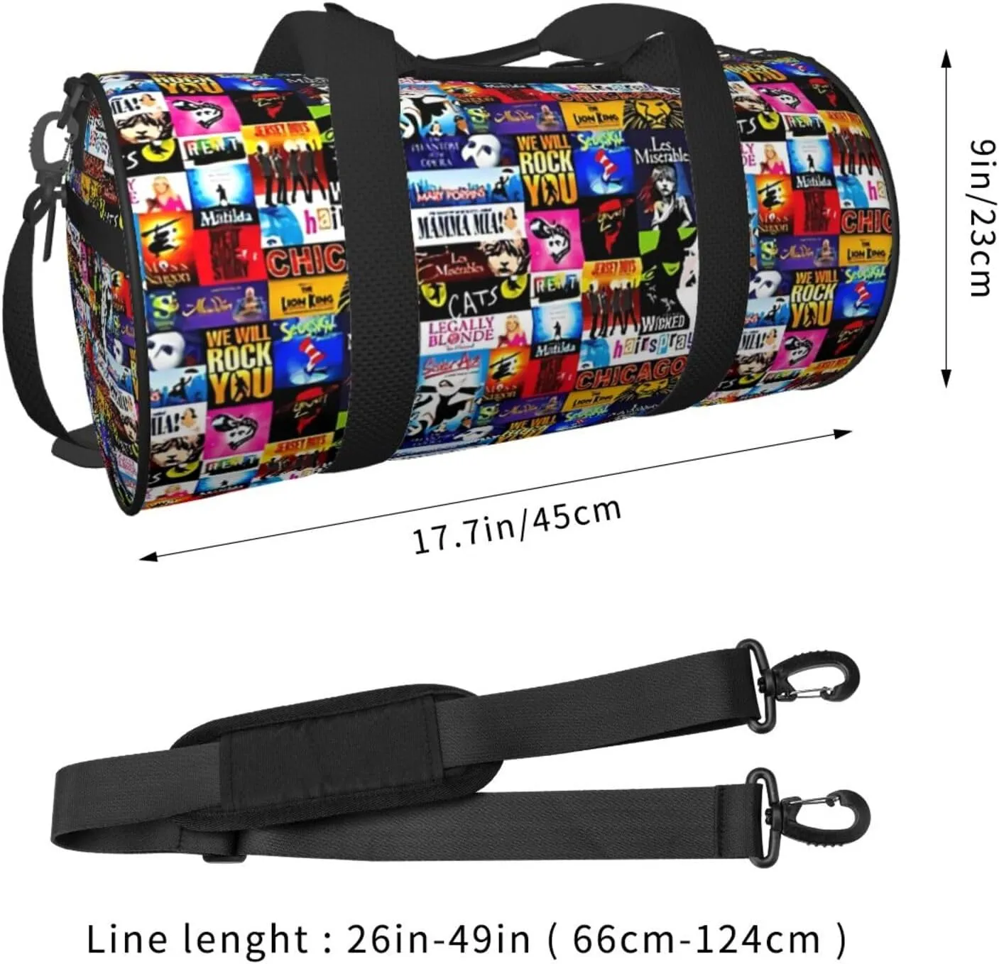 Broadway Musical Collage Sports Duffle Bag For Travel Heavy Duty Gym Bag, Tactical Gear Bags For Tactical Equipment, Or As Carry On Travel Duffel Bags