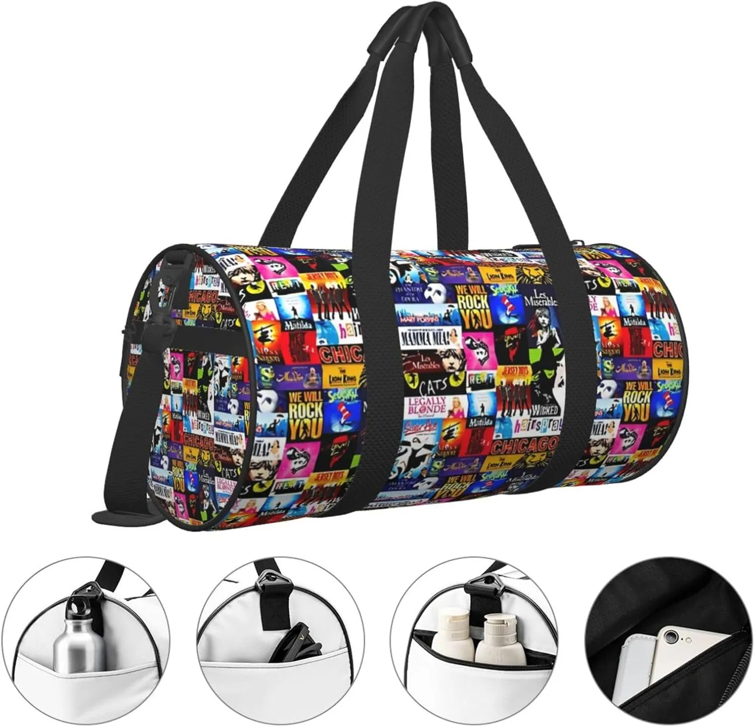 Broadway Musical Collage Sports Duffle Bag For Travel Heavy Duty Gym Bag, Tactical Gear Bags For Tactical Equipment, Or As Carry On Travel Duffel Bags