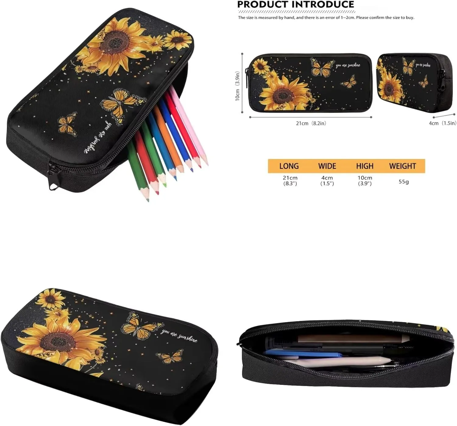 Butterfly Backpacks for Kids for School Sunflower Kids Travel Bags Sets Backpacks for High School Students Pencil Box for Kids Girl Book Bags for Kids and Rectangle Lunch Boxes