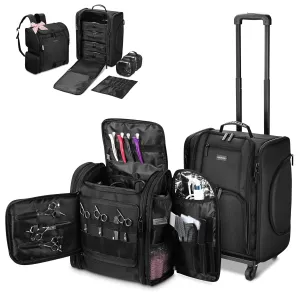 BYOOTIQUE Rolling Train Case & Hair Tools Travel Bag Kit with 6 Toiletry Bags