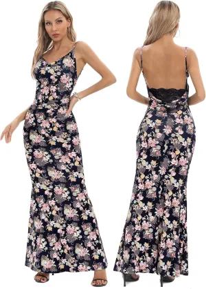 Capuffy Women Drape Neck Formal Maxi Dresses Lace Backless Cocktail Party Dress Spaghetti Straps Mermaid Evening Gown 221