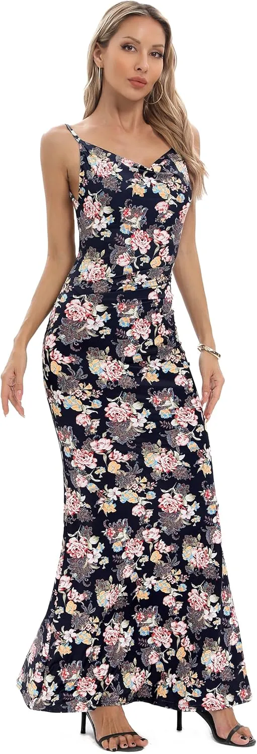 Capuffy Women Drape Neck Formal Maxi Dresses Lace Backless Cocktail Party Dress Spaghetti Straps Mermaid Evening Gown 221