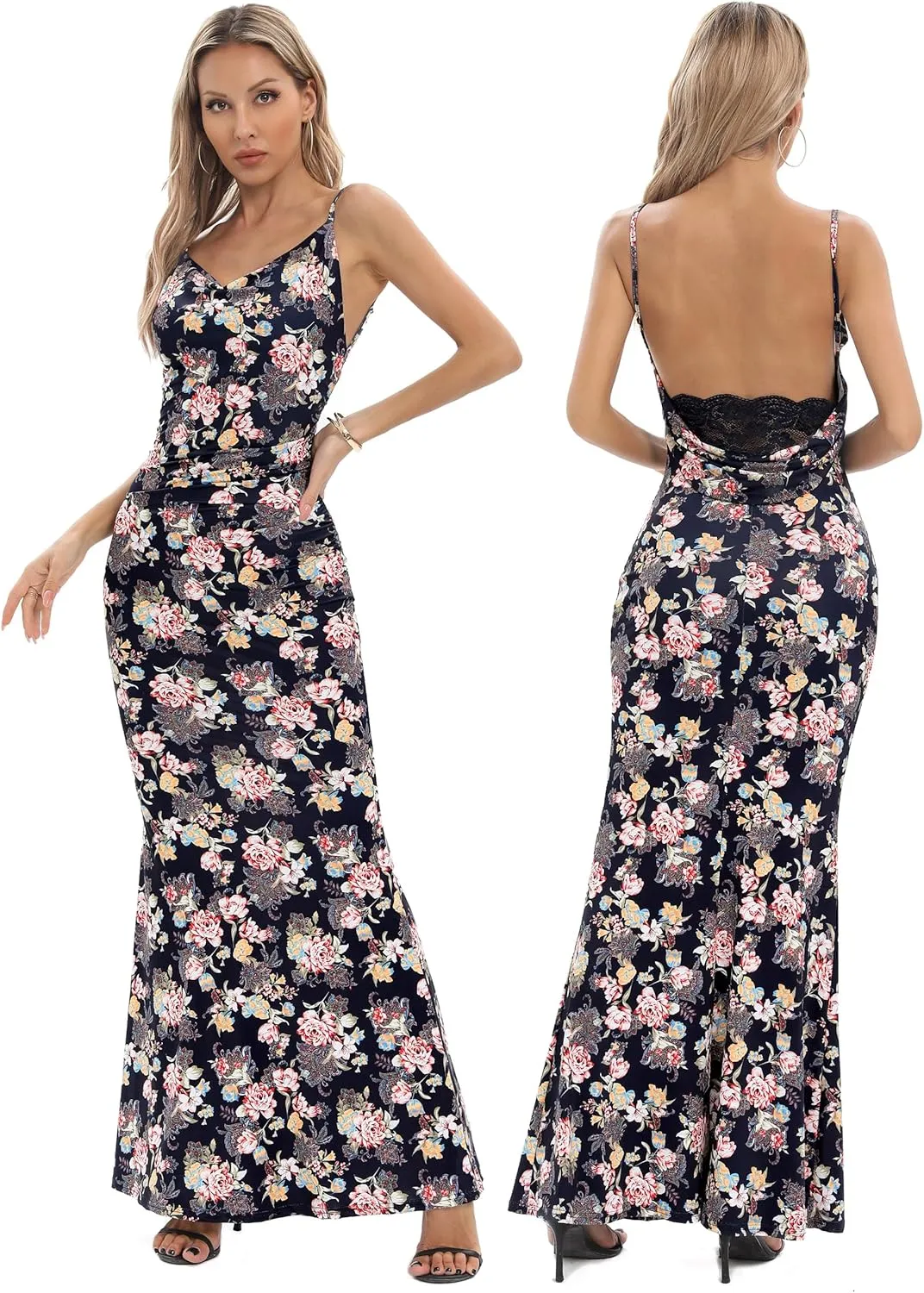 Capuffy Women Drape Neck Formal Maxi Dresses Lace Backless Cocktail Party Dress Spaghetti Straps Mermaid Evening Gown 221