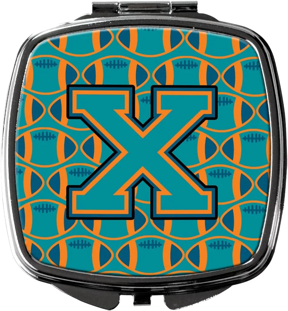 Caroline's Treasures CJ1063-XSCM Letter X Football Aqua, Orange and Marine Blue Compact Mirror Decorative Travel Makeup Mirror for Women Girls Gifts Pocket Makeup Mirror Folding Handheld