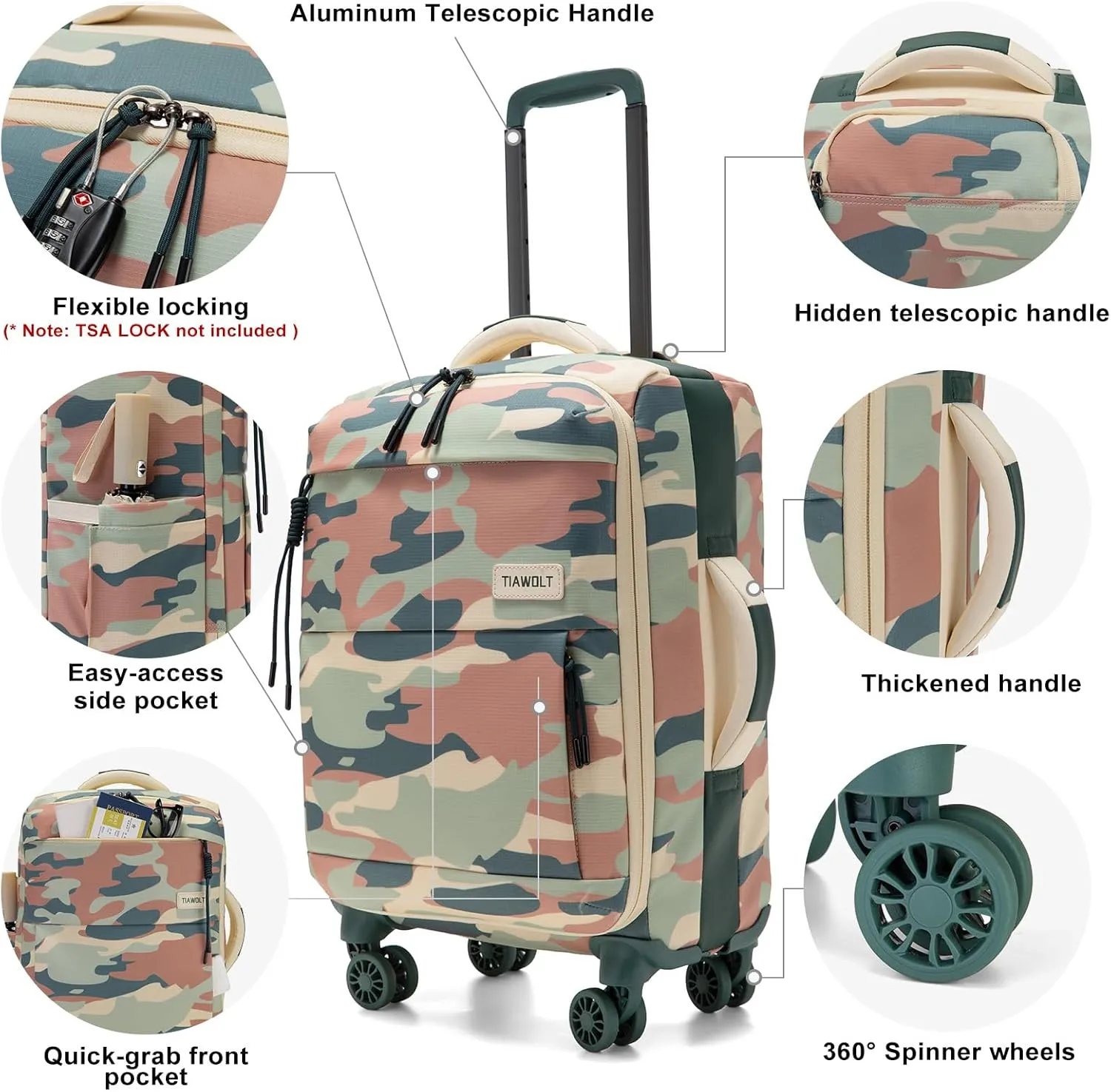 Carry on Luggage with Spinner Wheels，Airline Approved 20Inch Stylish SoftSided Lightweight suitcases with Wet/Dry Pockets Suitcase for travel(camouflage)