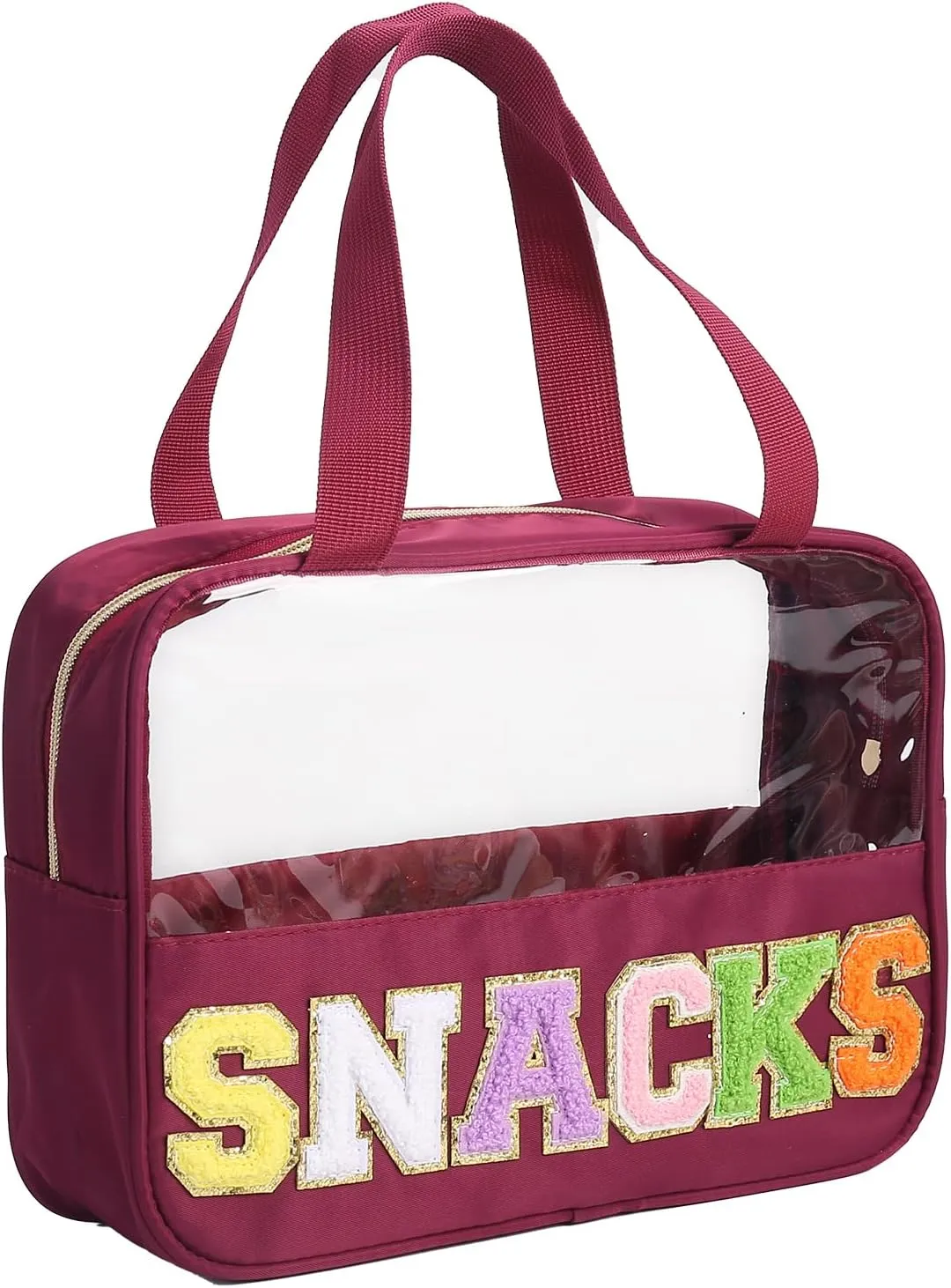 Chenille Letter Patch Clear Bag,Preppy Multi-purpose PVC&Nylon Clear Makeup Bag with Handles,Large Travel Makeup Toiletry Storage Zipper Pouch, Tote Bag for Women (Burgundy-Snacks)