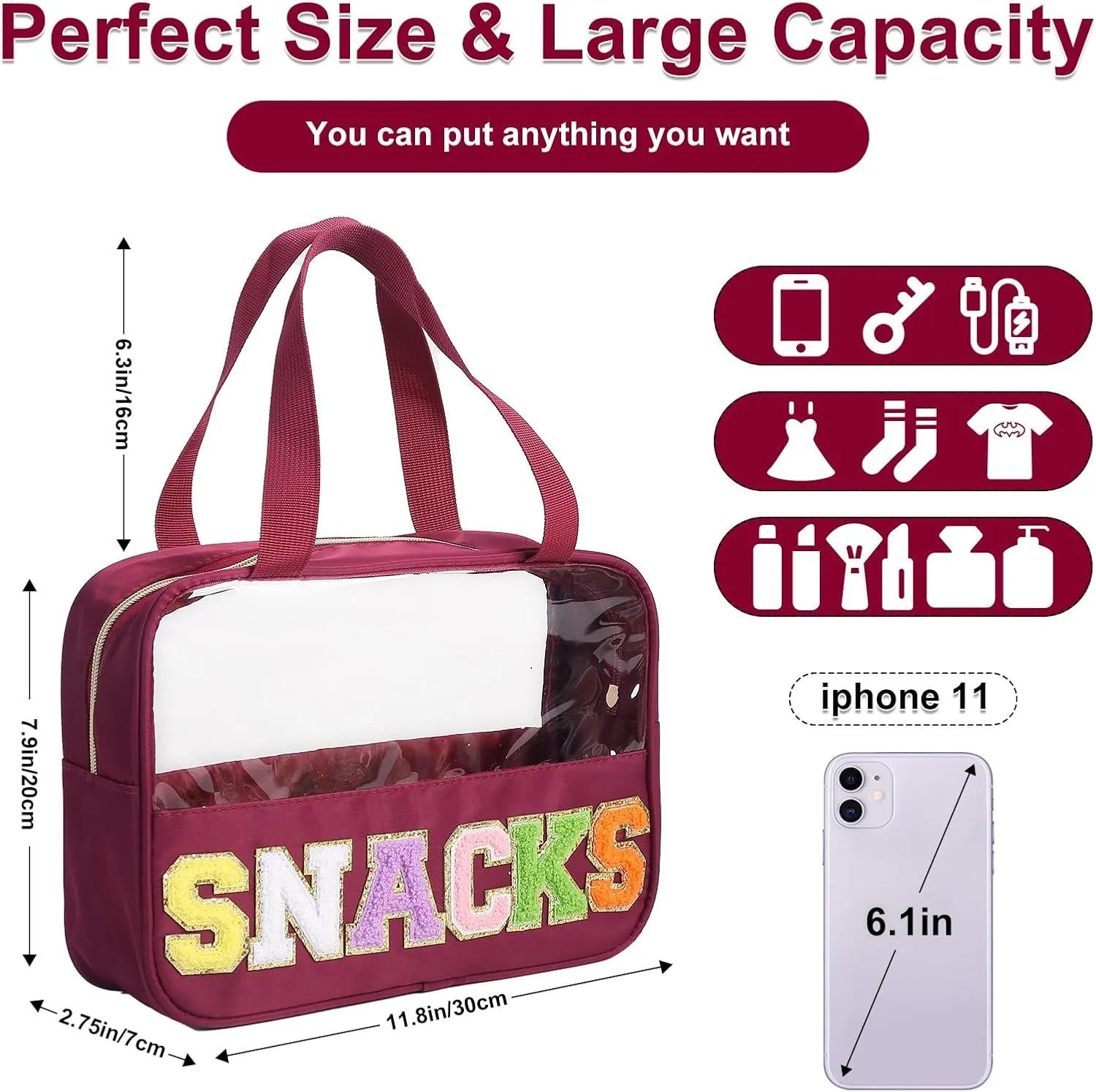 Chenille Letter Patch Clear Bag,Preppy Multi-purpose PVC&Nylon Clear Makeup Bag with Handles,Large Travel Makeup Toiletry Storage Zipper Pouch, Tote Bag for Women (Burgundy-Snacks)
