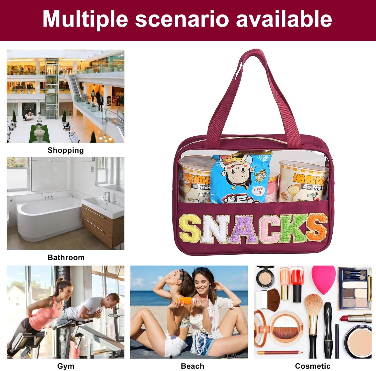 Chenille Letter Patch Clear Bag,Preppy Multi-purpose PVC&Nylon Clear Makeup Bag with Handles,Large Travel Makeup Toiletry Storage Zipper Pouch, Tote Bag for Women (Burgundy-Snacks)