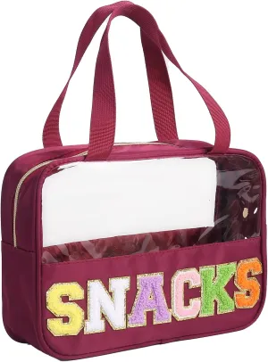 Chenille Letter Patch Clear Bag,Preppy Multi-purpose PVC&Nylon Clear Makeup Bag with Handles,Large Travel Makeup Toiletry Storage Zipper Pouch, Tote Bag for Women (Burgundy-Snacks)