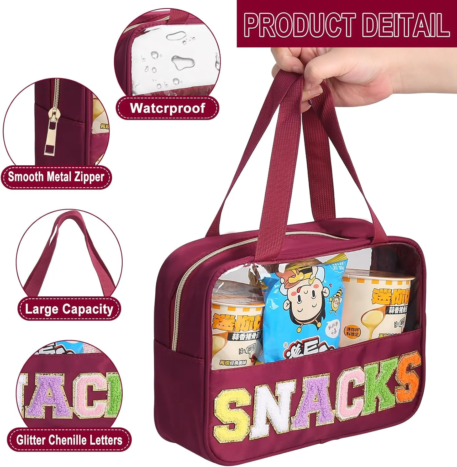 Chenille Letter Patch Clear Bag,Preppy Multi-purpose PVC&Nylon Clear Makeup Bag with Handles,Large Travel Makeup Toiletry Storage Zipper Pouch, Tote Bag for Women (Burgundy-Snacks)
