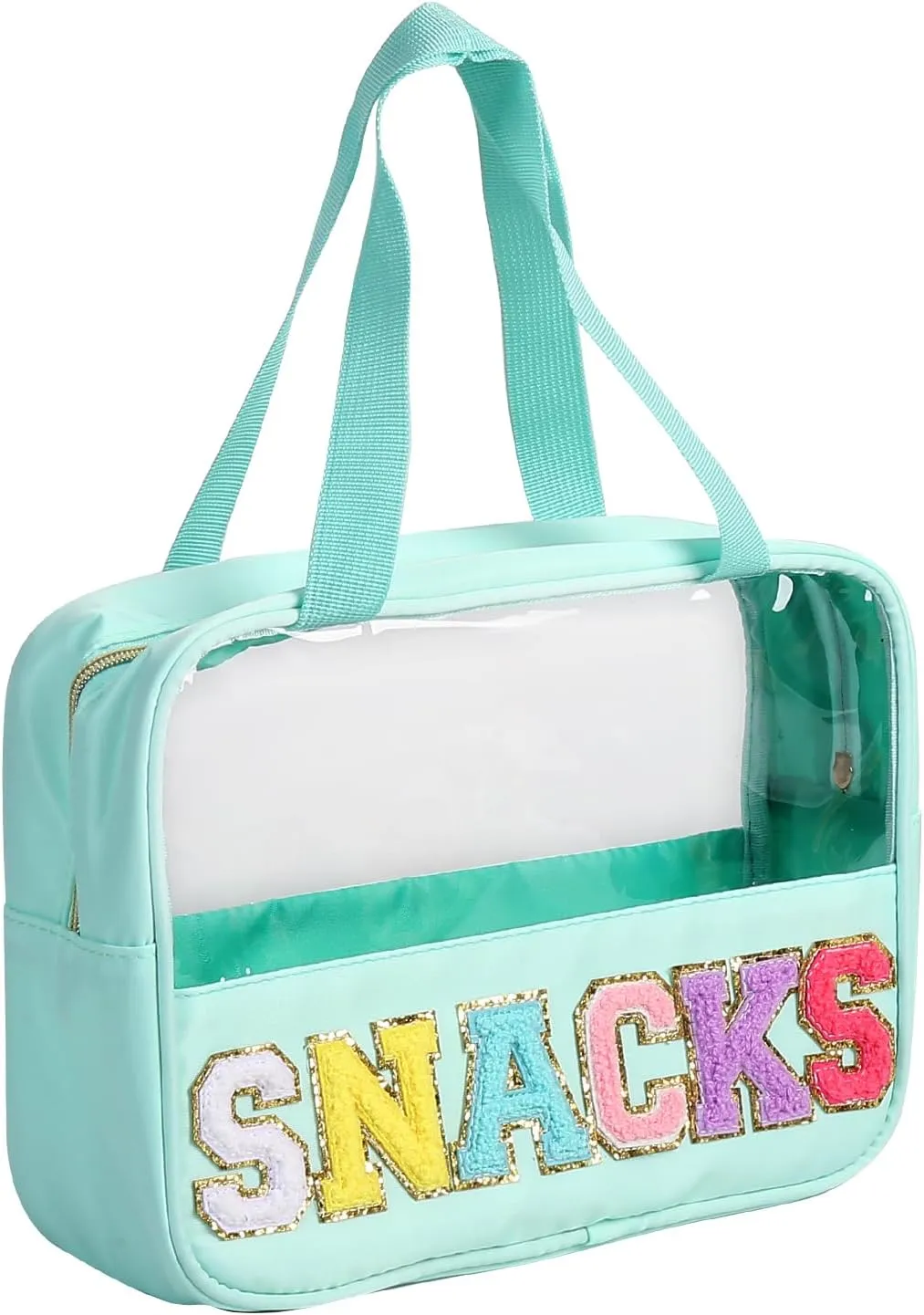 Chenille Letter Patch Clear Bag,Preppy Multi-purpose PVC&Nylon Clear Makeup Bag with Handles,Large Travel Makeup Toiletry Storage Zipper Pouch, Tote Bag for Women (Mint-Snacks)