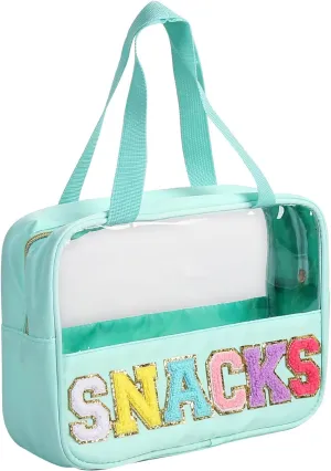 Chenille Letter Patch Clear Bag,Preppy Multi-purpose PVC&Nylon Clear Makeup Bag with Handles,Large Travel Makeup Toiletry Storage Zipper Pouch, Tote Bag for Women (Mint-Snacks)