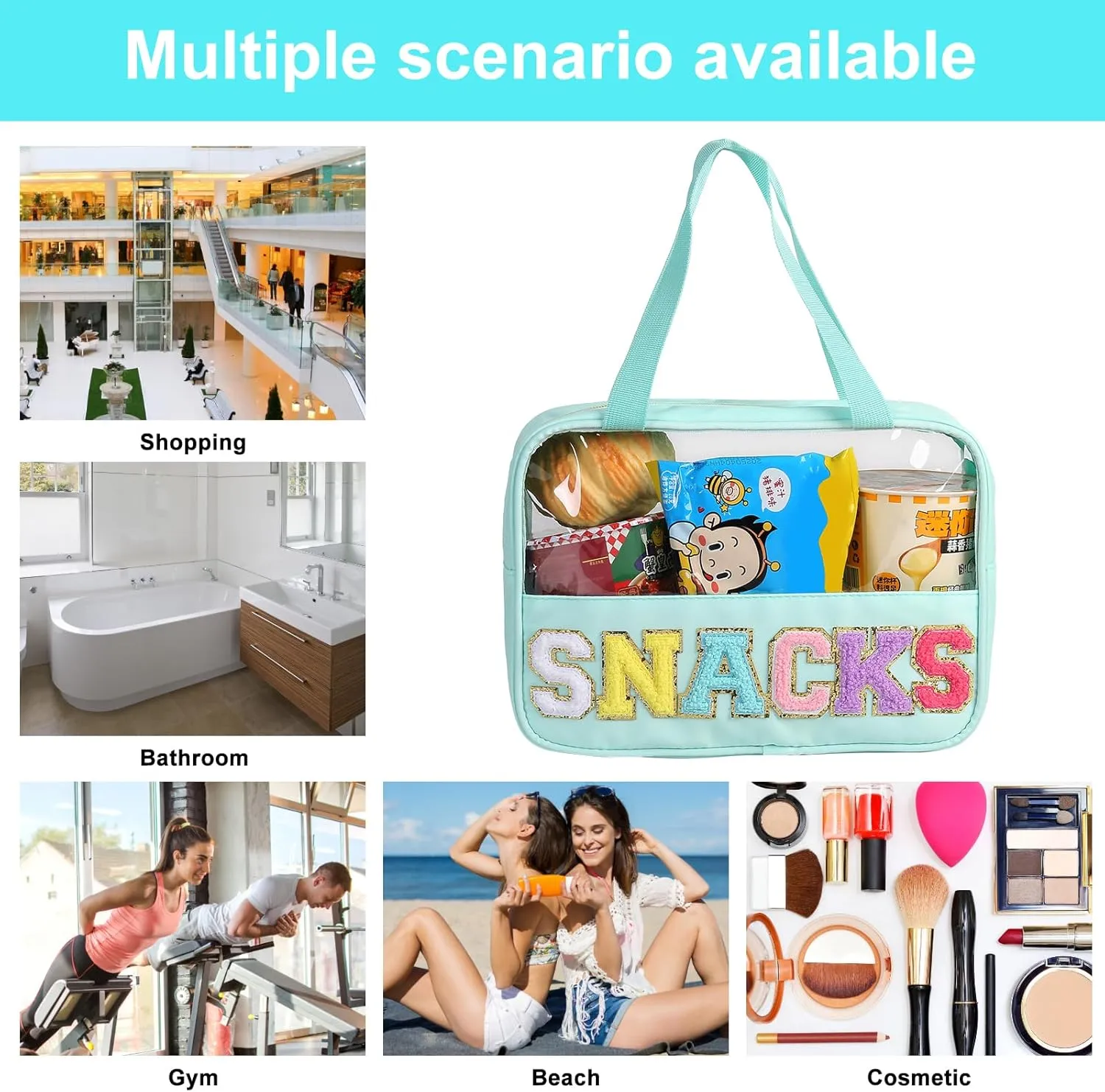 Chenille Letter Patch Clear Bag,Preppy Multi-purpose PVC&Nylon Clear Makeup Bag with Handles,Large Travel Makeup Toiletry Storage Zipper Pouch, Tote Bag for Women (Mint-Snacks)