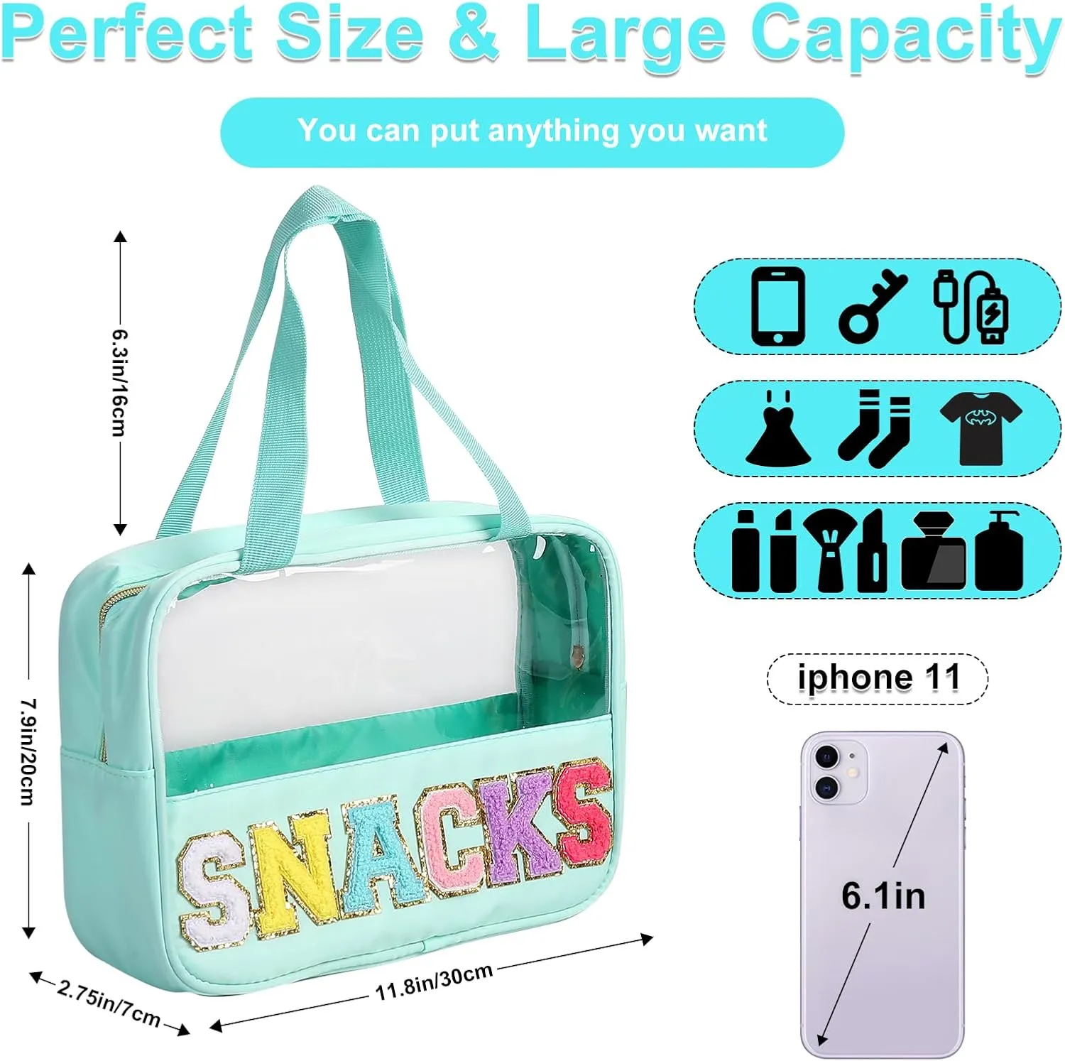 Chenille Letter Patch Clear Bag,Preppy Multi-purpose PVC&Nylon Clear Makeup Bag with Handles,Large Travel Makeup Toiletry Storage Zipper Pouch, Tote Bag for Women (Mint-Snacks)