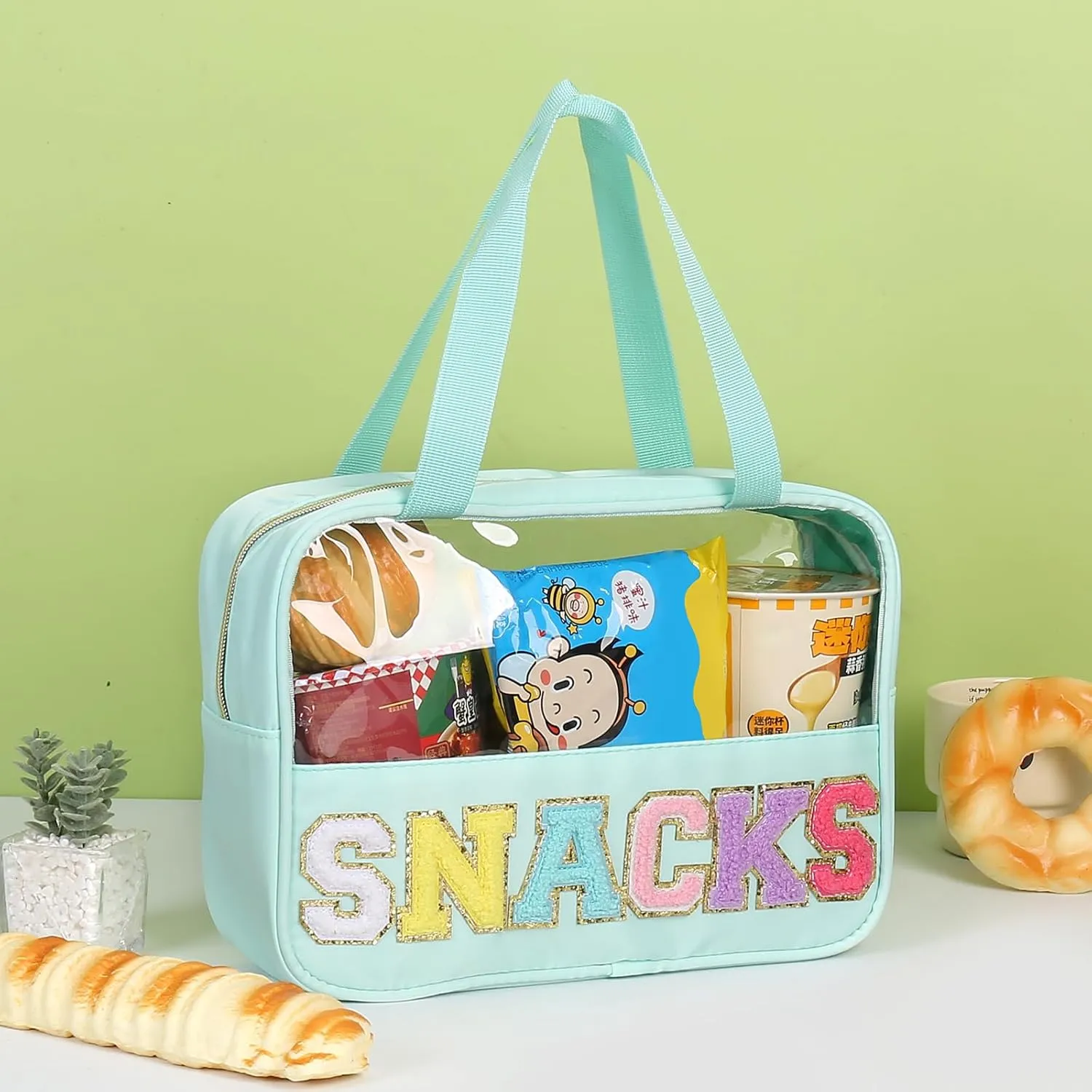 Chenille Letter Patch Clear Bag,Preppy Multi-purpose PVC&Nylon Clear Makeup Bag with Handles,Large Travel Makeup Toiletry Storage Zipper Pouch, Tote Bag for Women (Mint-Snacks)