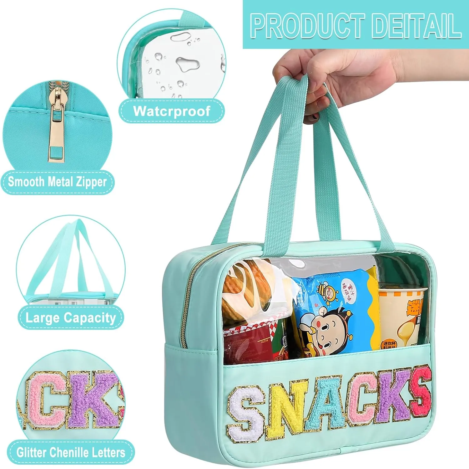 Chenille Letter Patch Clear Bag,Preppy Multi-purpose PVC&Nylon Clear Makeup Bag with Handles,Large Travel Makeup Toiletry Storage Zipper Pouch, Tote Bag for Women (Mint-Snacks)