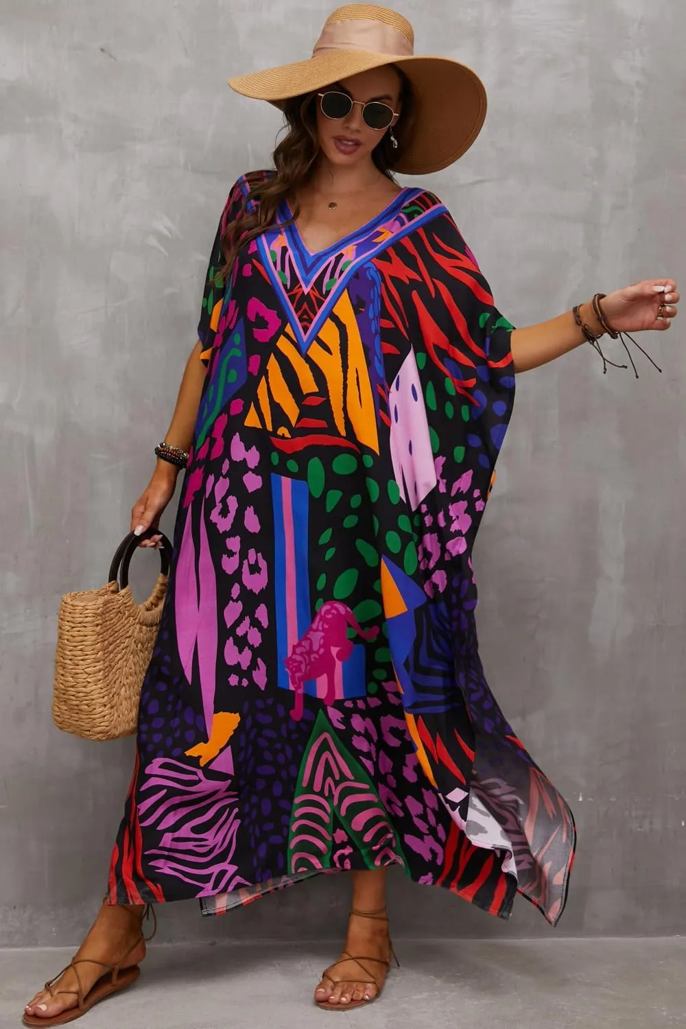 CHERRY CAT Women Plus Size Swimsuit Cover up Beachwear Long Cover-ups Kaftan Casual Caftan Dress
