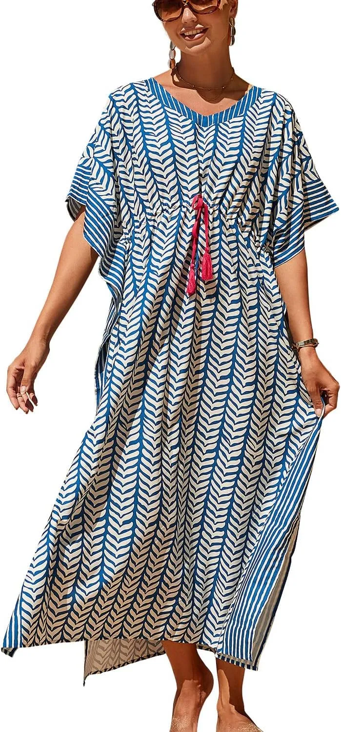 CHERRY CAT Women Plus Size Swimsuit Cover up Beachwear Long Cover-ups Kaftan Casual Caftan Dress