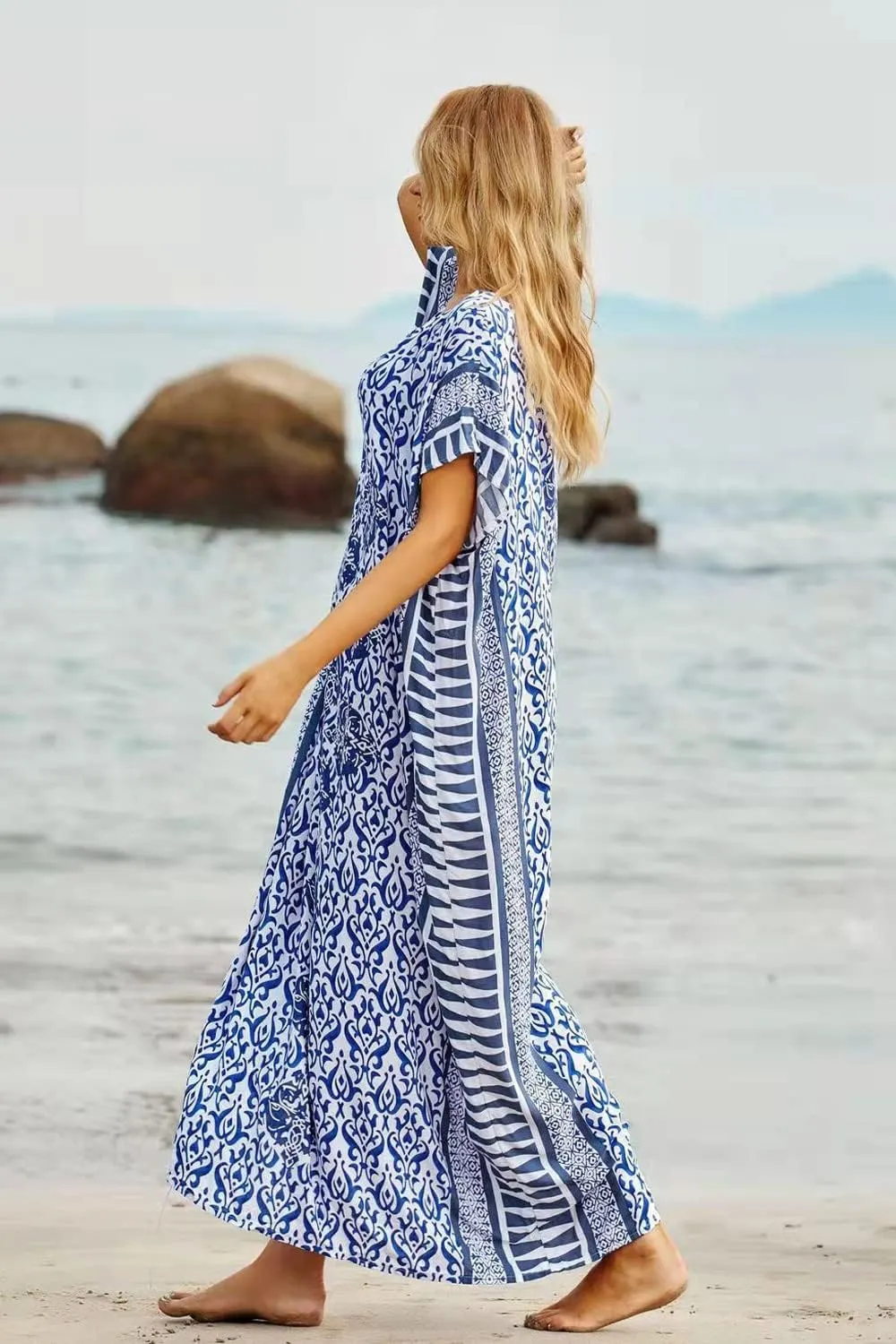 CHERRY CAT Women Plus Size Swimsuit Cover up Beachwear Long Cover-ups Kaftan Casual Caftan Dress
