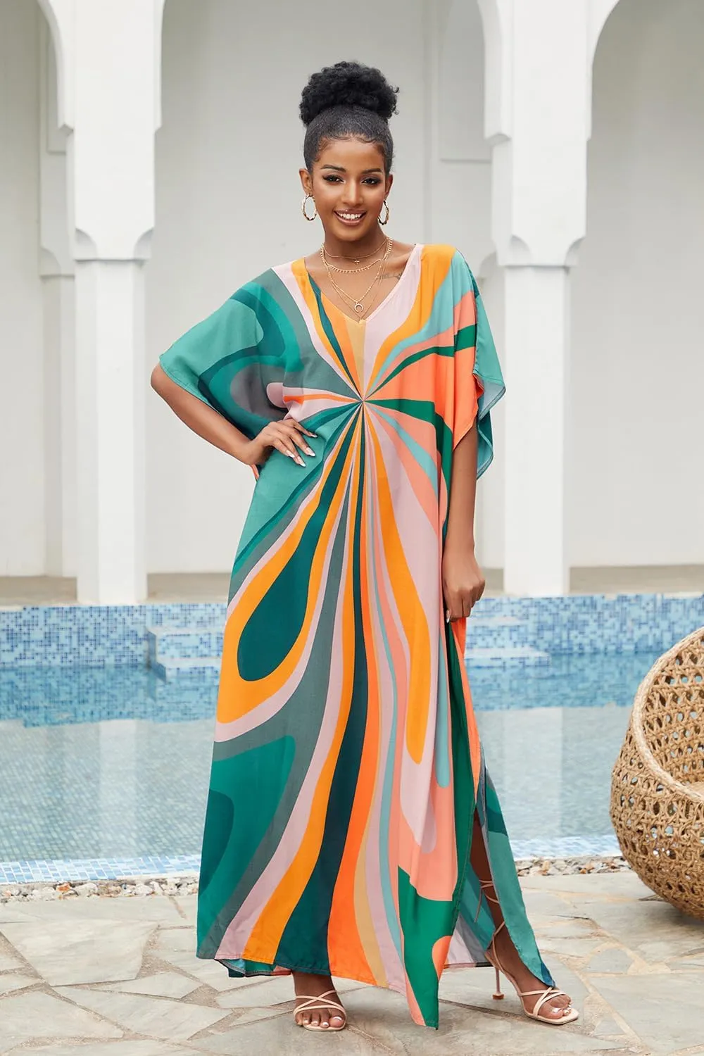 CHERRY CAT Women Plus Size Swimsuit Cover up Beachwear Long Cover-ups Kaftan Casual Caftan Dress