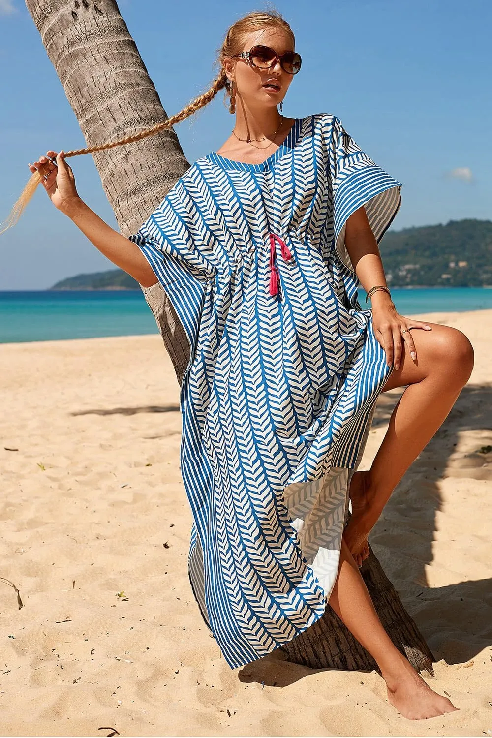 CHERRY CAT Women Plus Size Swimsuit Cover up Beachwear Long Cover-ups Kaftan Casual Caftan Dress