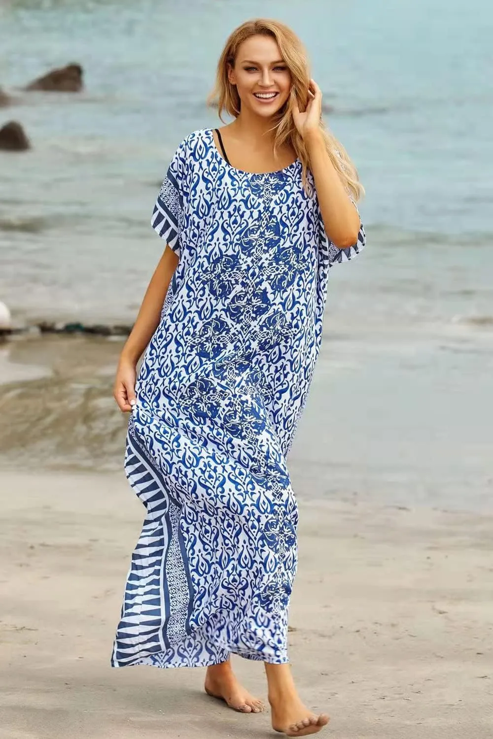 CHERRY CAT Women Plus Size Swimsuit Cover up Beachwear Long Cover-ups Kaftan Casual Caftan Dress