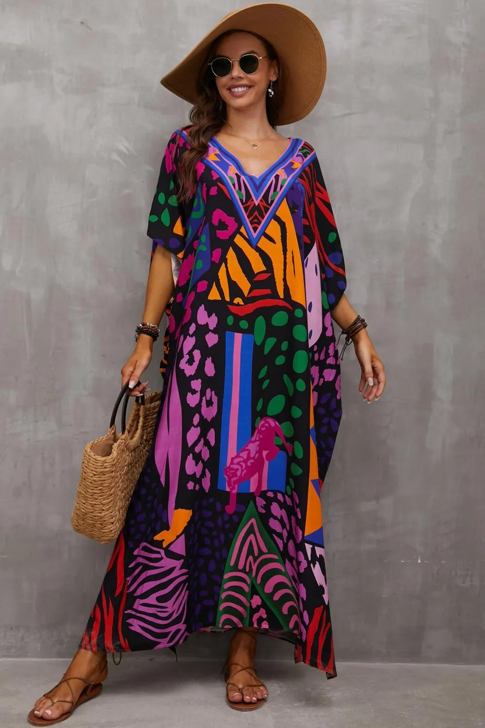 CHERRY CAT Women Plus Size Swimsuit Cover up Beachwear Long Cover-ups Kaftan Casual Caftan Dress