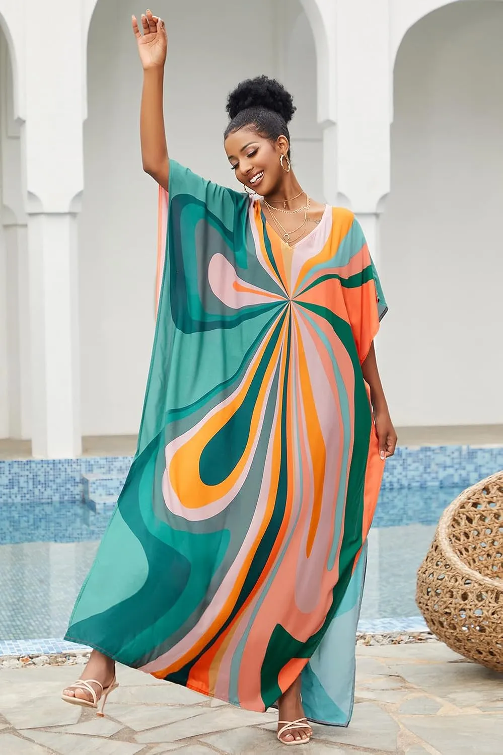 CHERRY CAT Women Plus Size Swimsuit Cover up Beachwear Long Cover-ups Kaftan Casual Caftan Dress